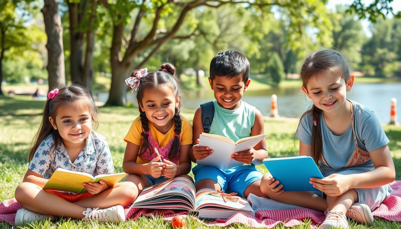 Children of different ages enjoying summer break activities outdoors